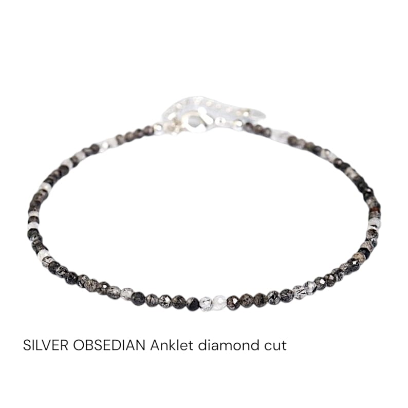Silver Obsidian Diamond Cut Anklet